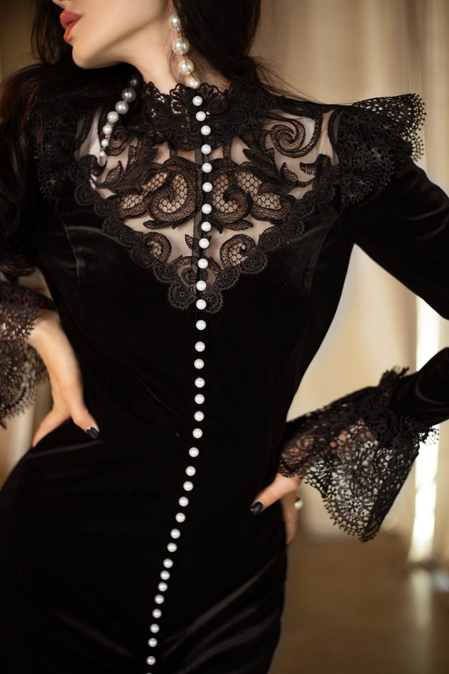 PANDORA BLACK VELVET LACE MIDI DRESS - PEARL SLEEVE, FORMAL
