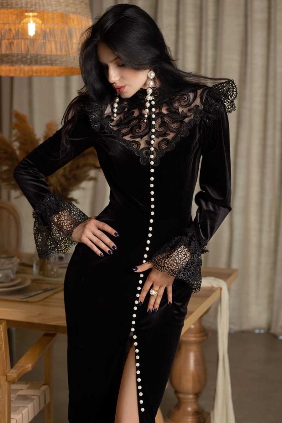 PANDORA BLACK VELVET LACE MIDI DRESS - PEARL SLEEVE, FORMAL