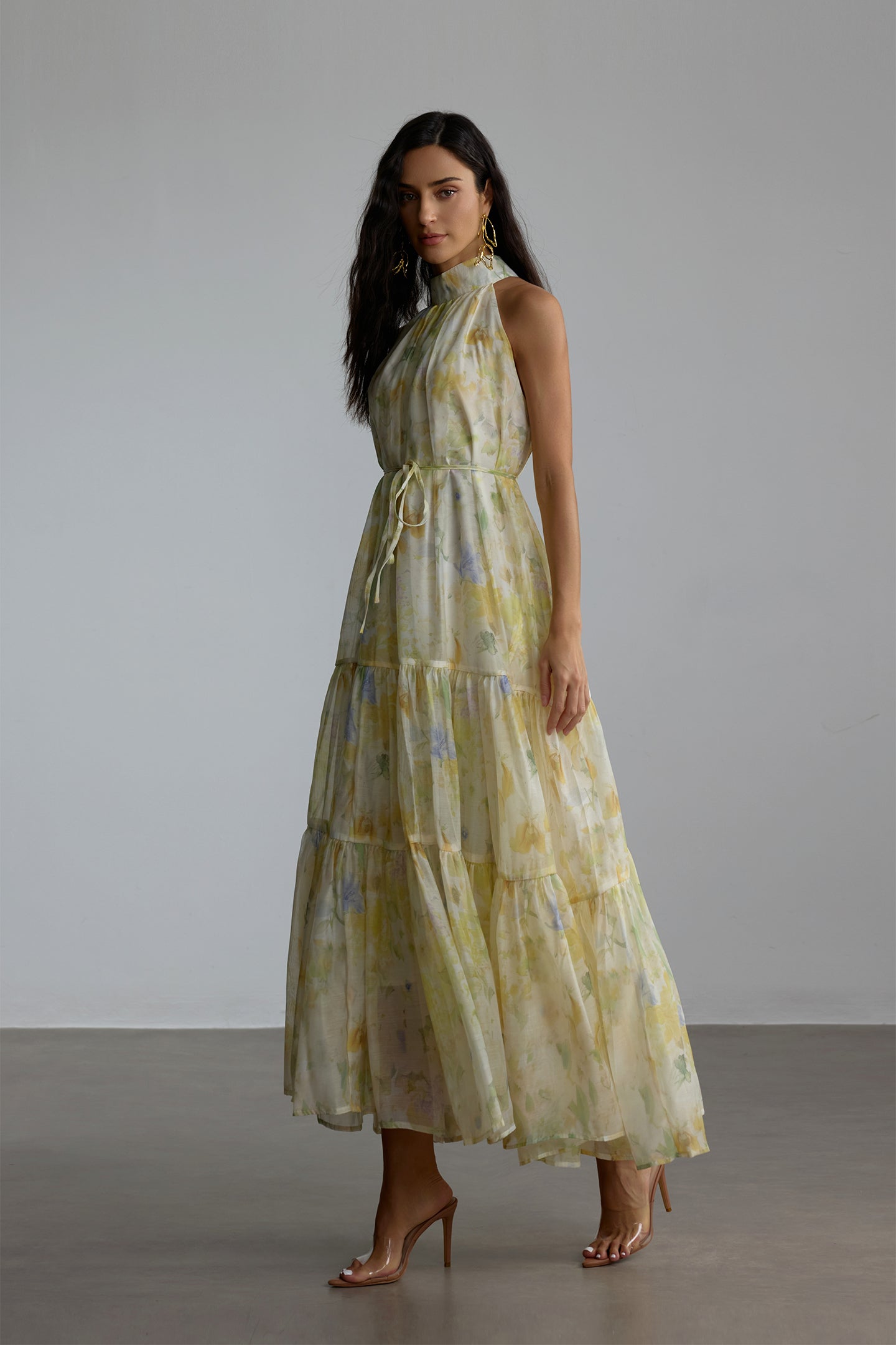 CAROLINE FLORAL PRINT SLEEVELESS MAXI DRESS YELLOW