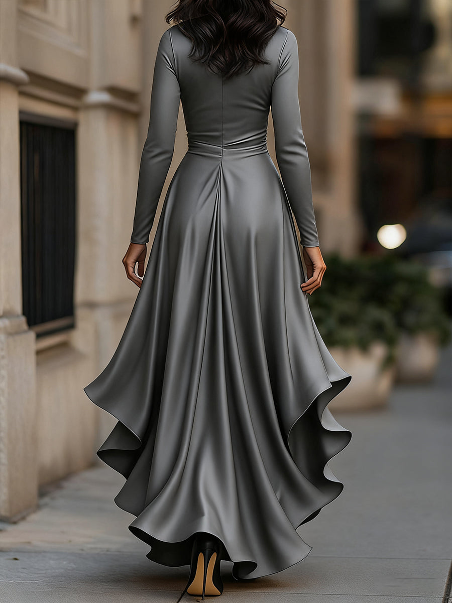 MIDNIGHT BLUE DRAPED SATIN MAXI DRESS, RUFFLE EVENING GOWN