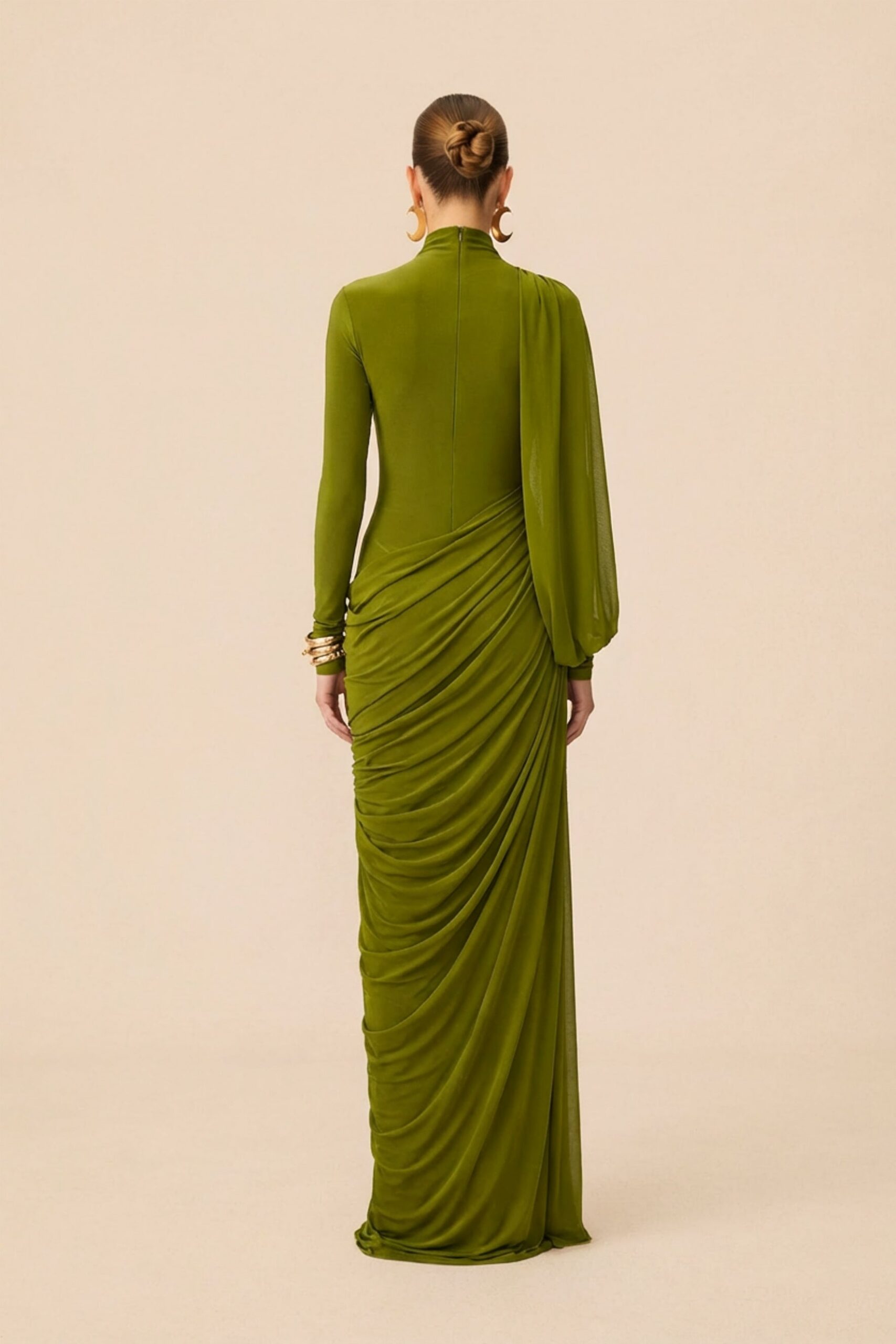 LIZ HIGH NECK ASYMMETRIC DRAPE MAXI DRESS IN GREEN