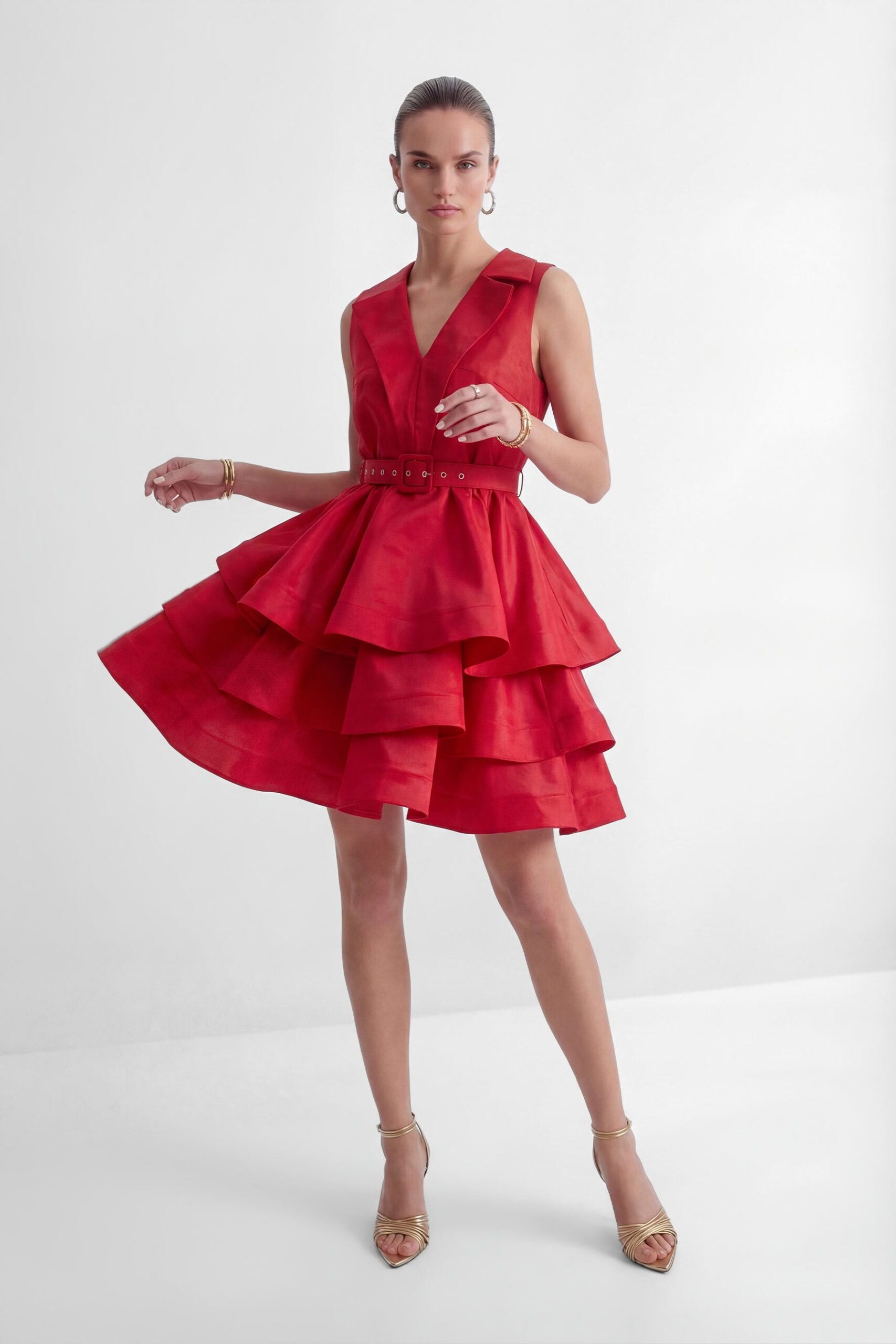 JESSICA RED V-NECK RUFFLE MINI DRESS