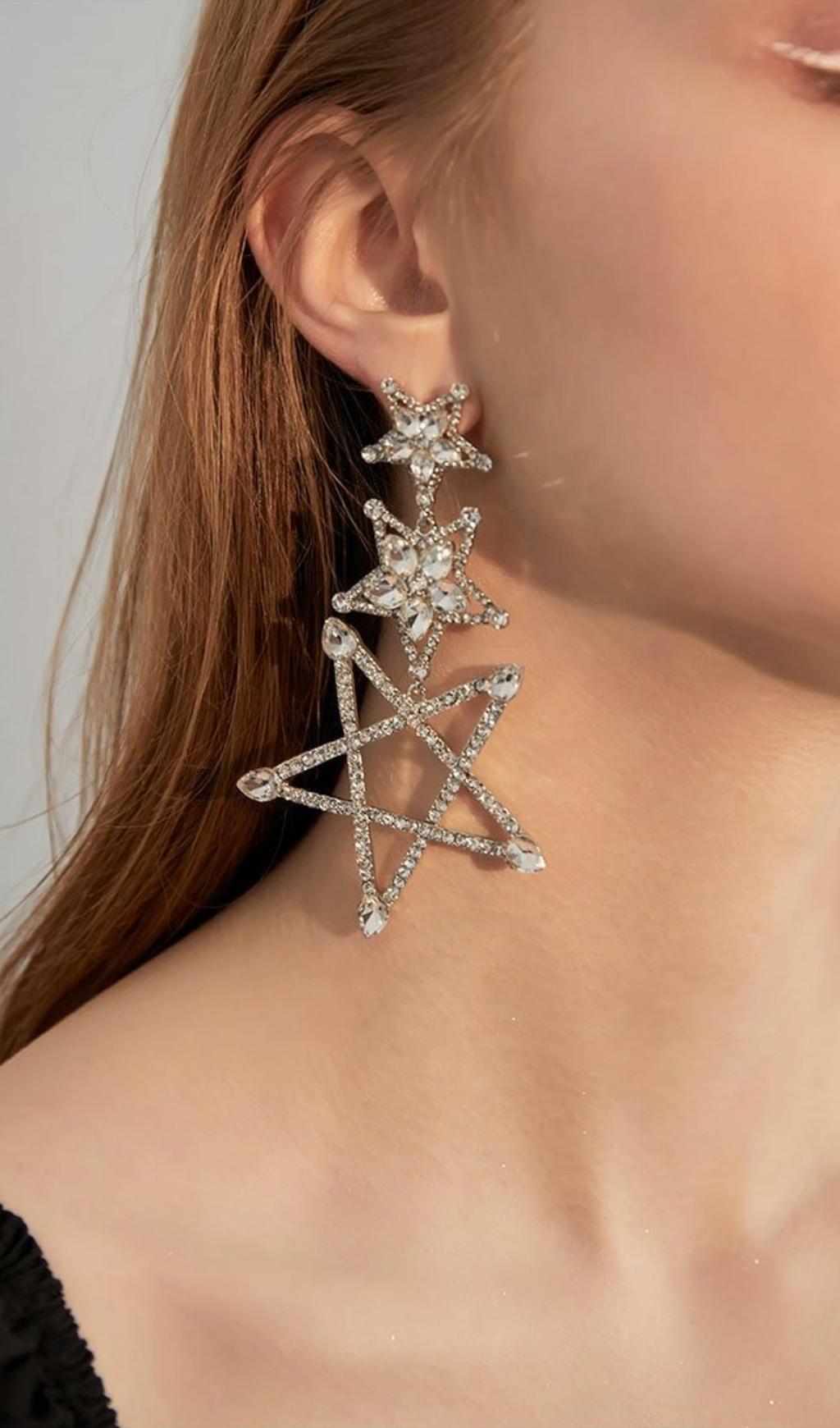 SILVER PENTAGRAM RHINESTONE DROP EARRINGS FOR GOTHIC PARTY
