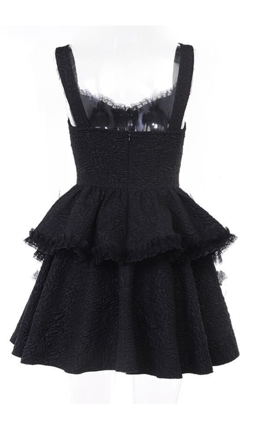 BLACK TEXTURED SUSPENDER MINI DRESS FOR PARTY