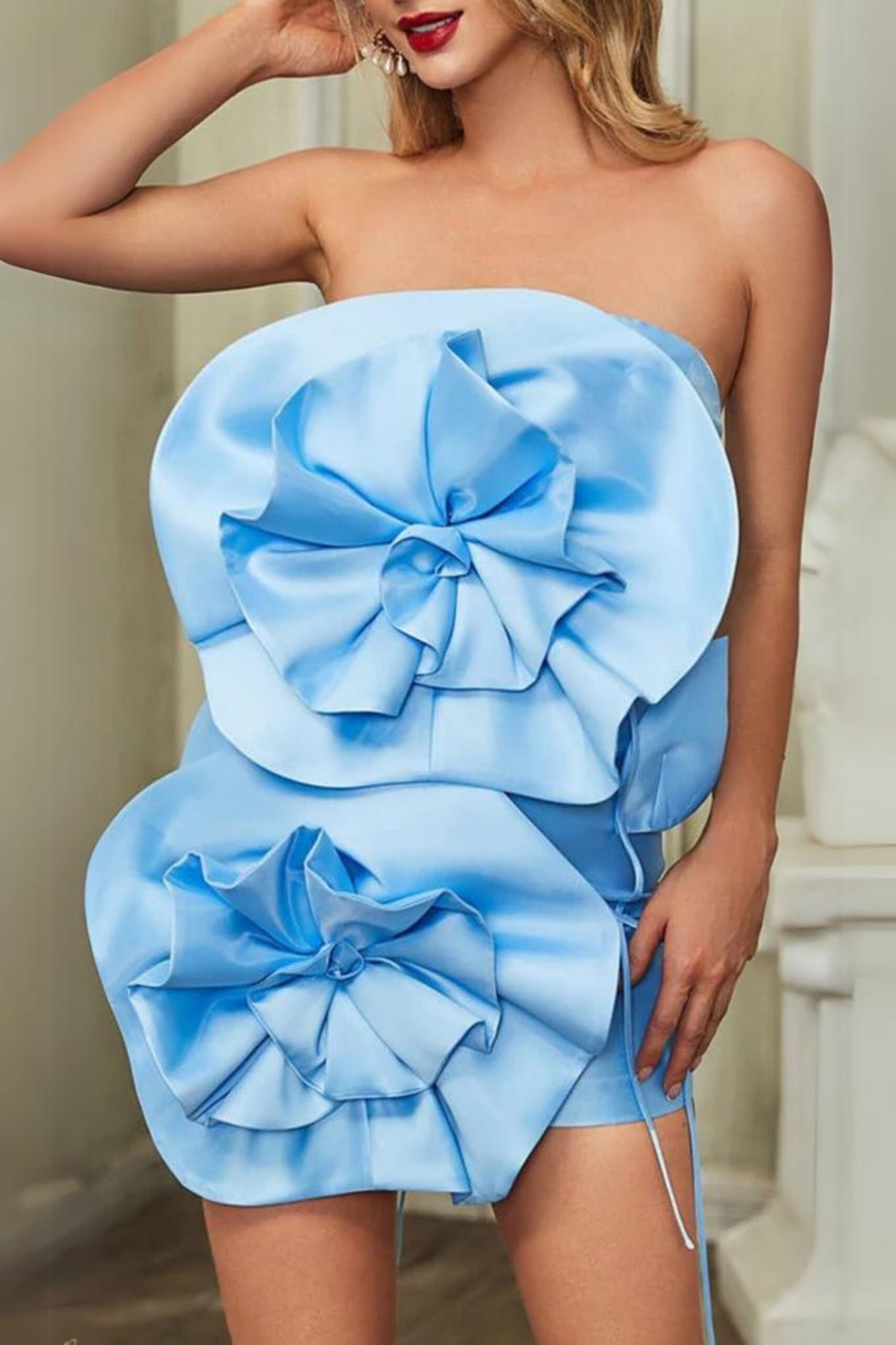 BLUE FLORAL STRAPLESS BIND MINI DRESS