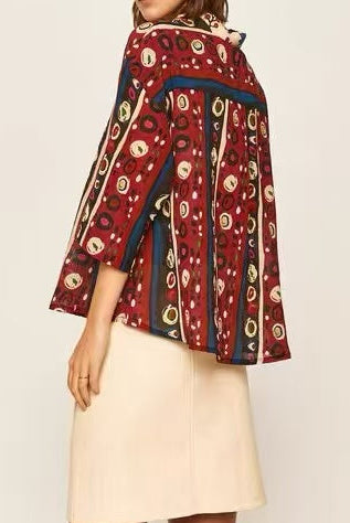 MULTICOLOR FOLK FLORAL PRINT THREE-QUARTER SLEEVE BUTTON-DOWN SHIRT