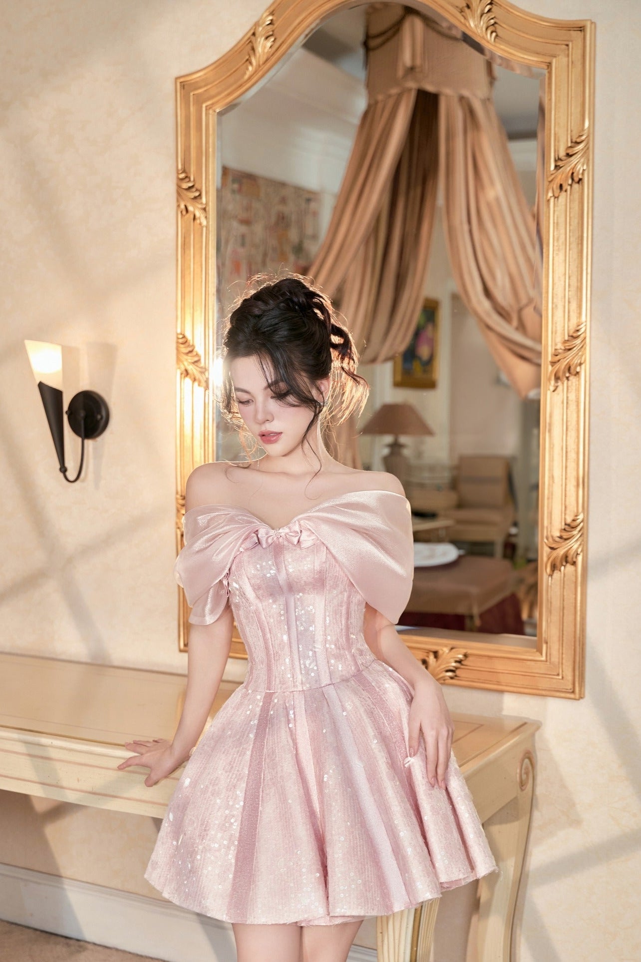 GLITTER STRAPLESS PINK MINI DRESS FOR PARTY