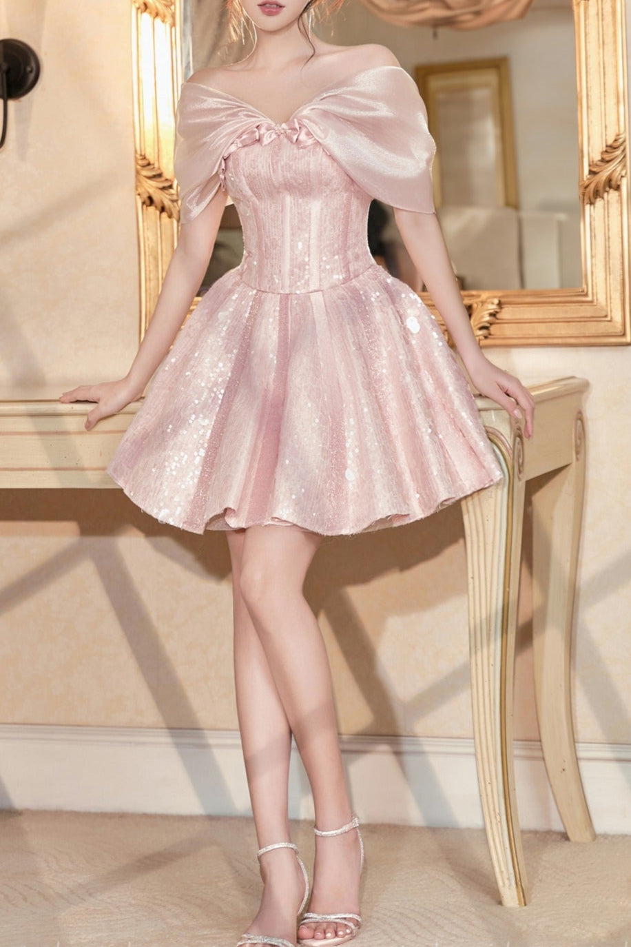 GLITTER STRAPLESS PINK MINI DRESS FOR PARTY