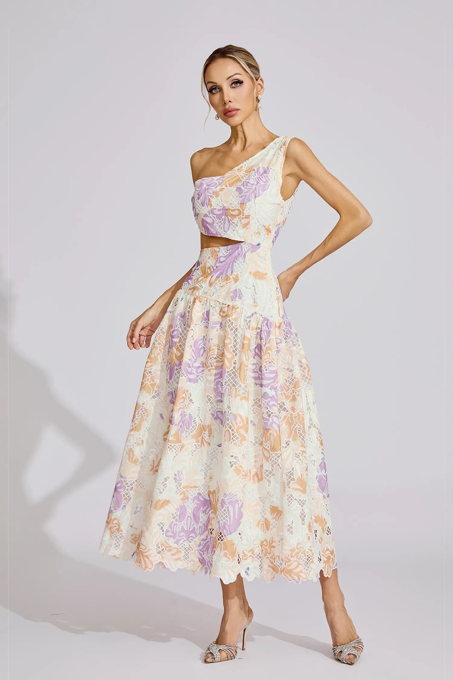 YELLOW ONE-SHOULDER FLORAL PRINT CUTOUT MAXI DRESS