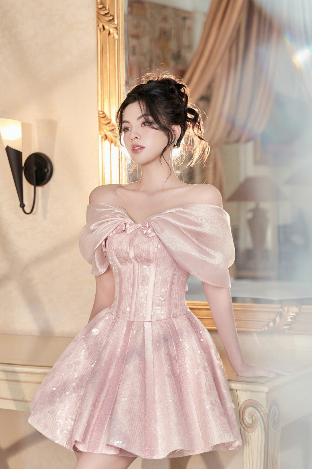GLITTER STRAPLESS PINK MINI DRESS FOR PARTY
