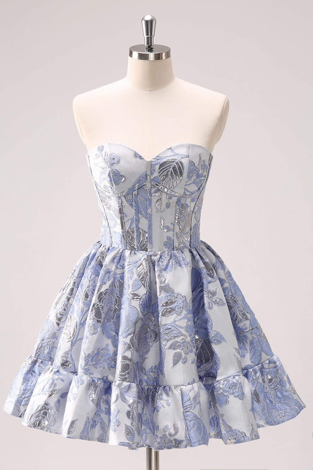 A-LINE BLUE CORSET STRAPLESS RUFFLED FLORAL HOMECOMING DRESS