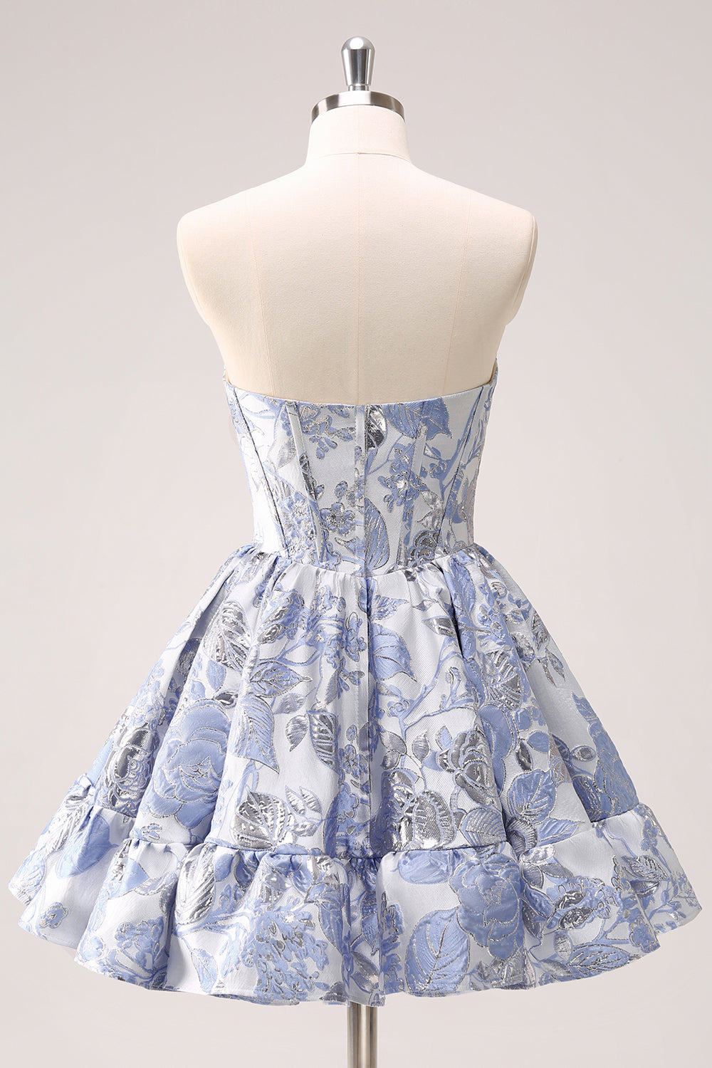A-LINE BLUE CORSET STRAPLESS RUFFLED FLORAL HOMECOMING DRESS