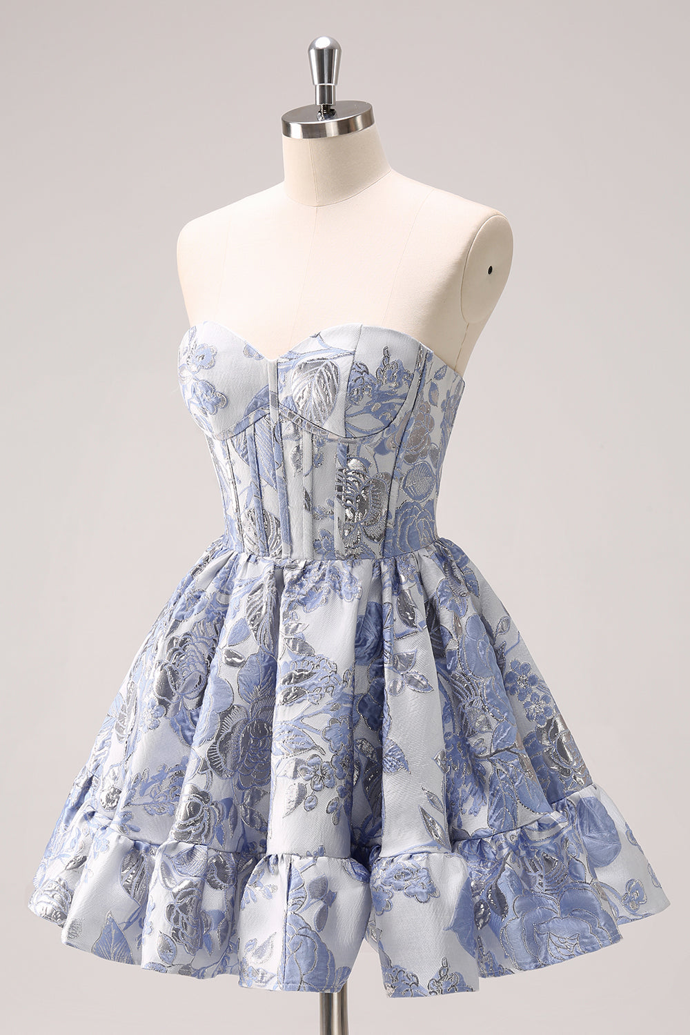 A-LINE BLUE CORSET STRAPLESS RUFFLED FLORAL HOMECOMING DRESS