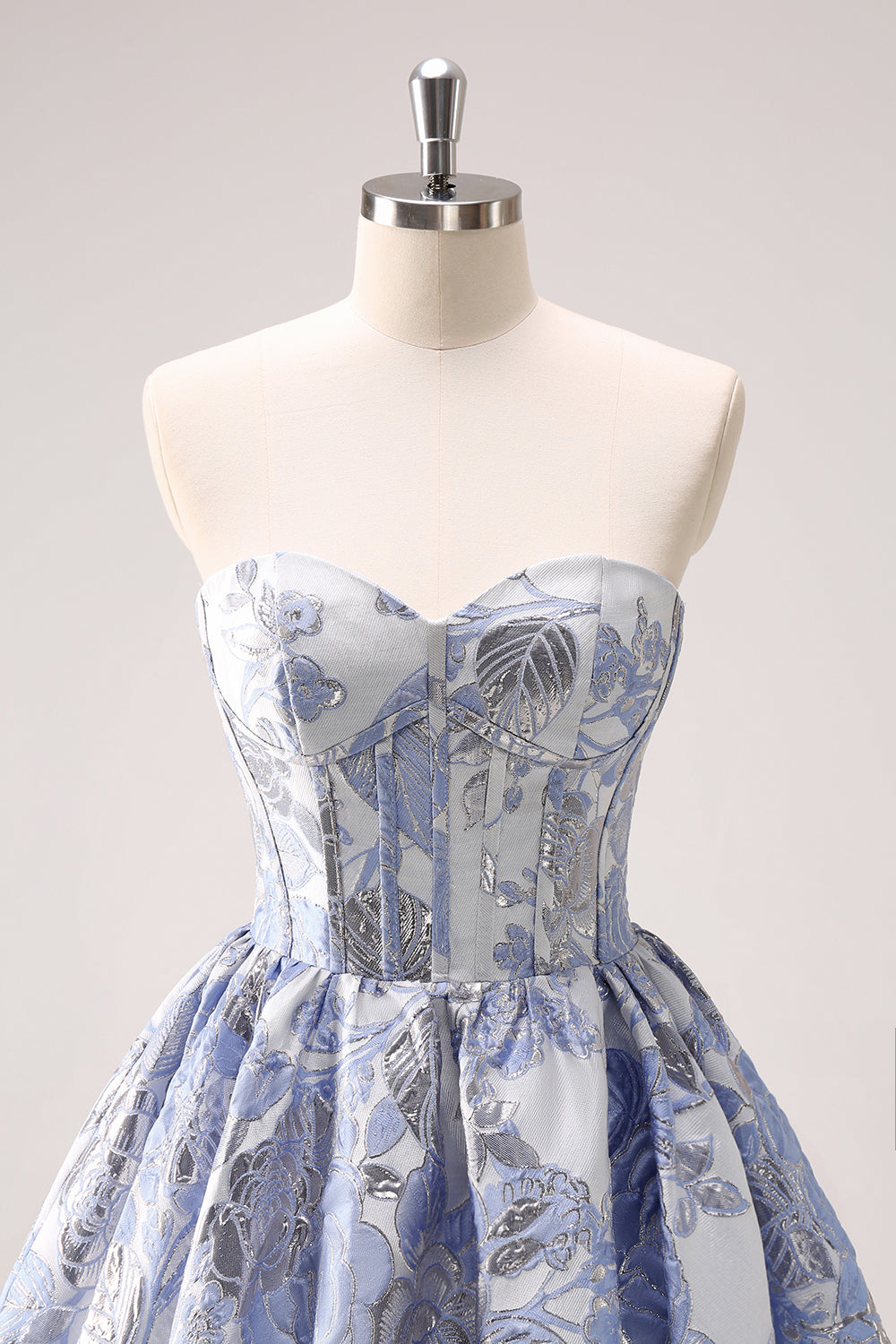 A-LINE BLUE CORSET STRAPLESS RUFFLED FLORAL HOMECOMING DRESS
