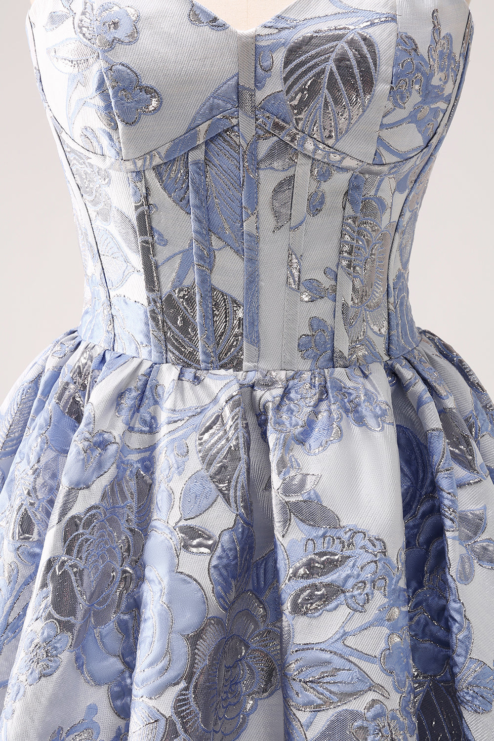 A-LINE BLUE CORSET STRAPLESS RUFFLED FLORAL HOMECOMING DRESS