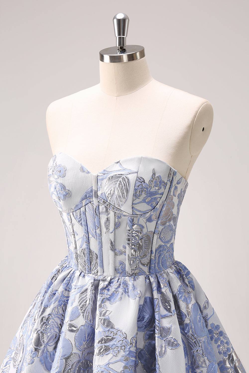 A-LINE BLUE CORSET STRAPLESS RUFFLED FLORAL HOMECOMING DRESS
