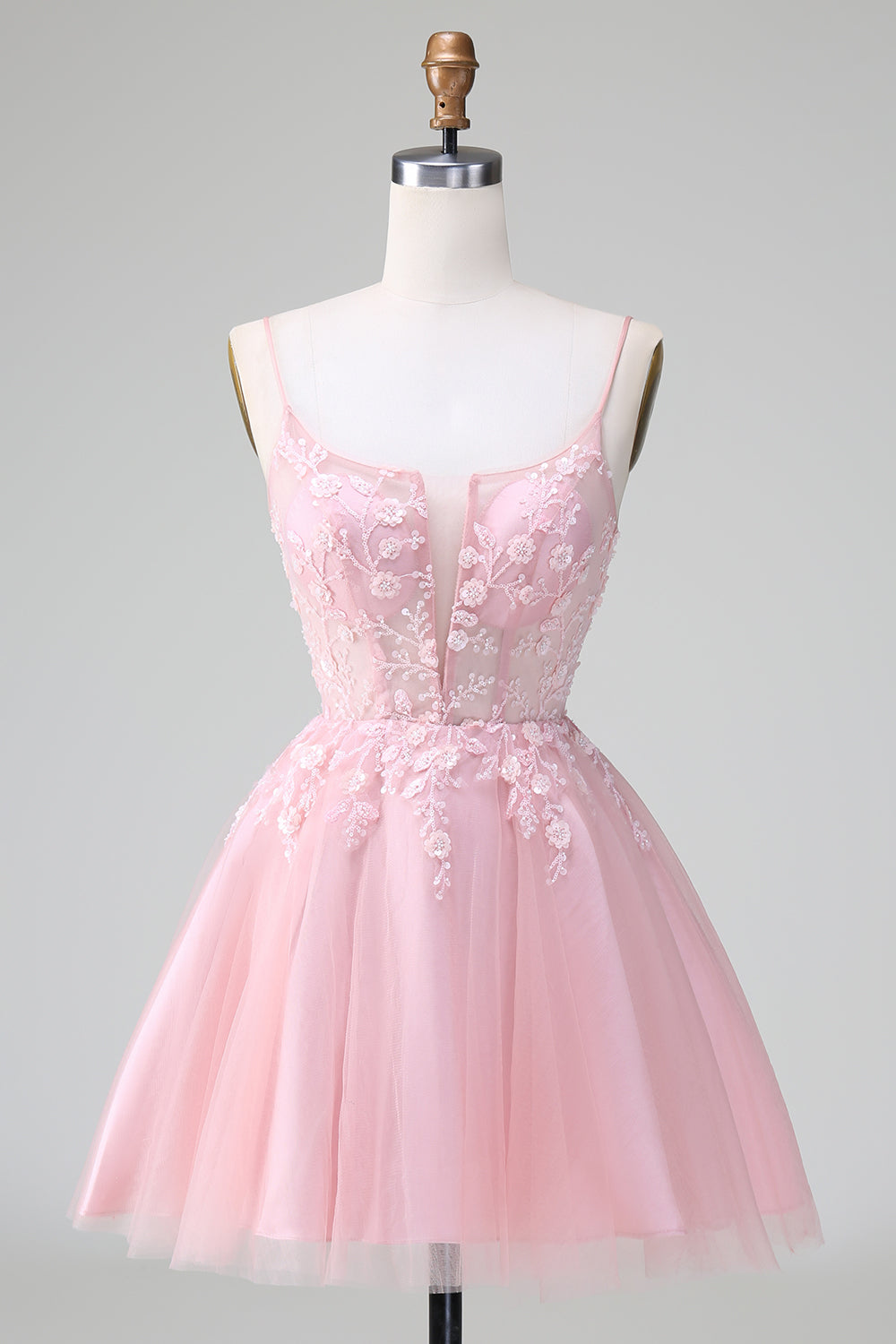 A-LINE APPLIQUE BLUE SPAGHETTI STRAP HOMECOMING DRESS