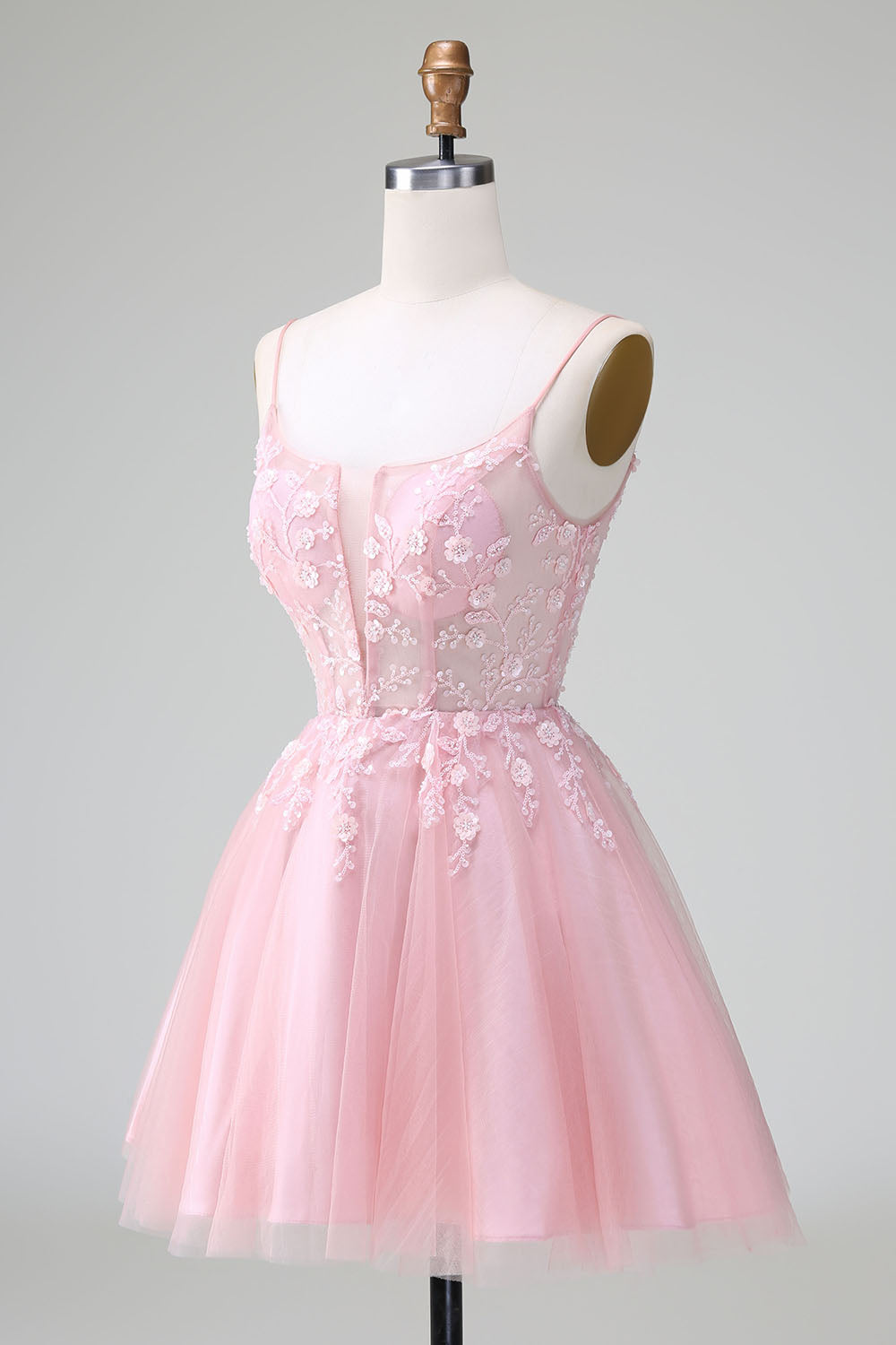 A-LINE APPLIQUE BLUE SPAGHETTI STRAP HOMECOMING DRESS