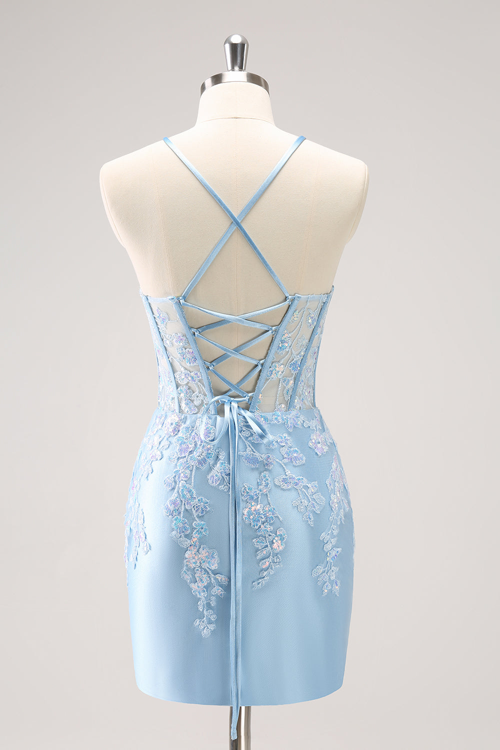 SEQUIN BLUE SPAGHETTI STRAP CORSET HOMECOMING DRESS