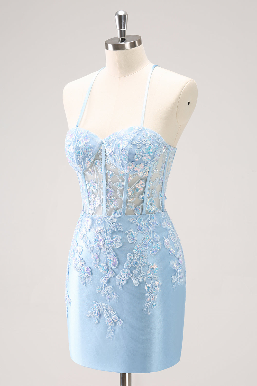 SEQUIN BLUE SPAGHETTI STRAP CORSET HOMECOMING DRESS