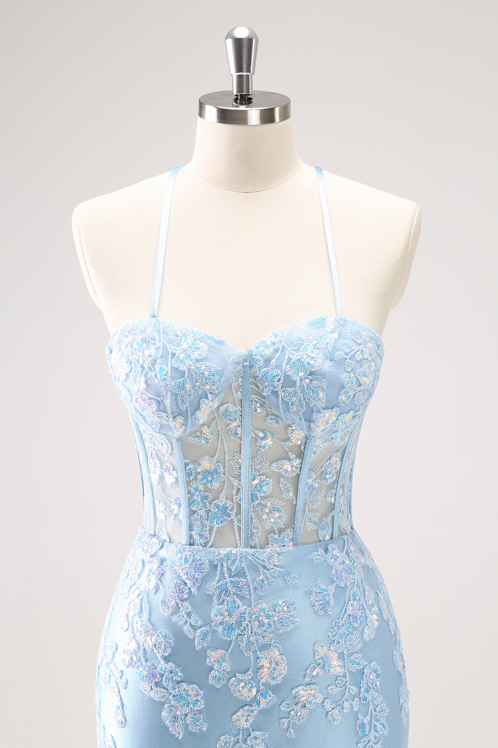 SEQUIN BLUE SPAGHETTI STRAP CORSET HOMECOMING DRESS