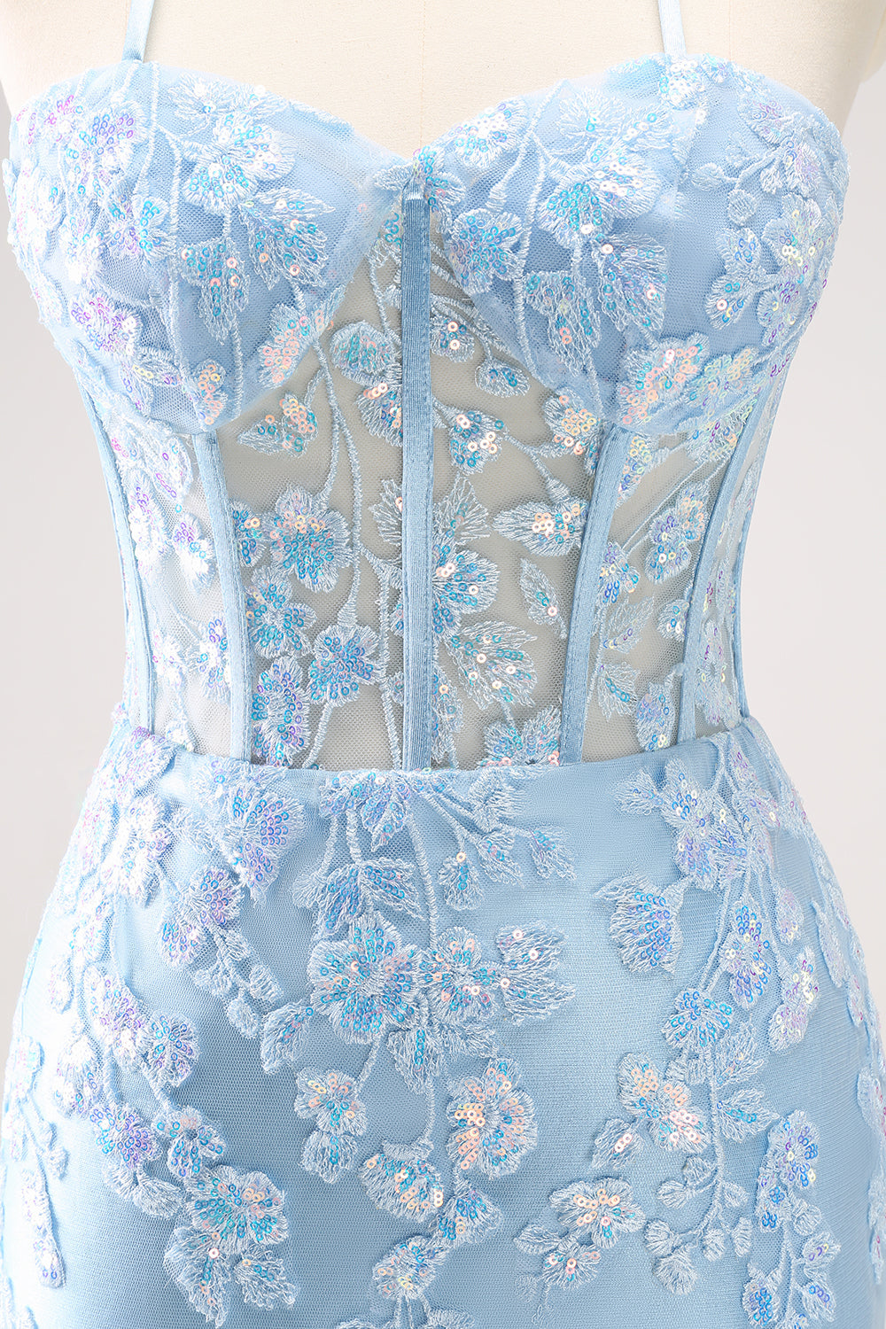SEQUIN BLUE SPAGHETTI STRAP CORSET HOMECOMING DRESS
