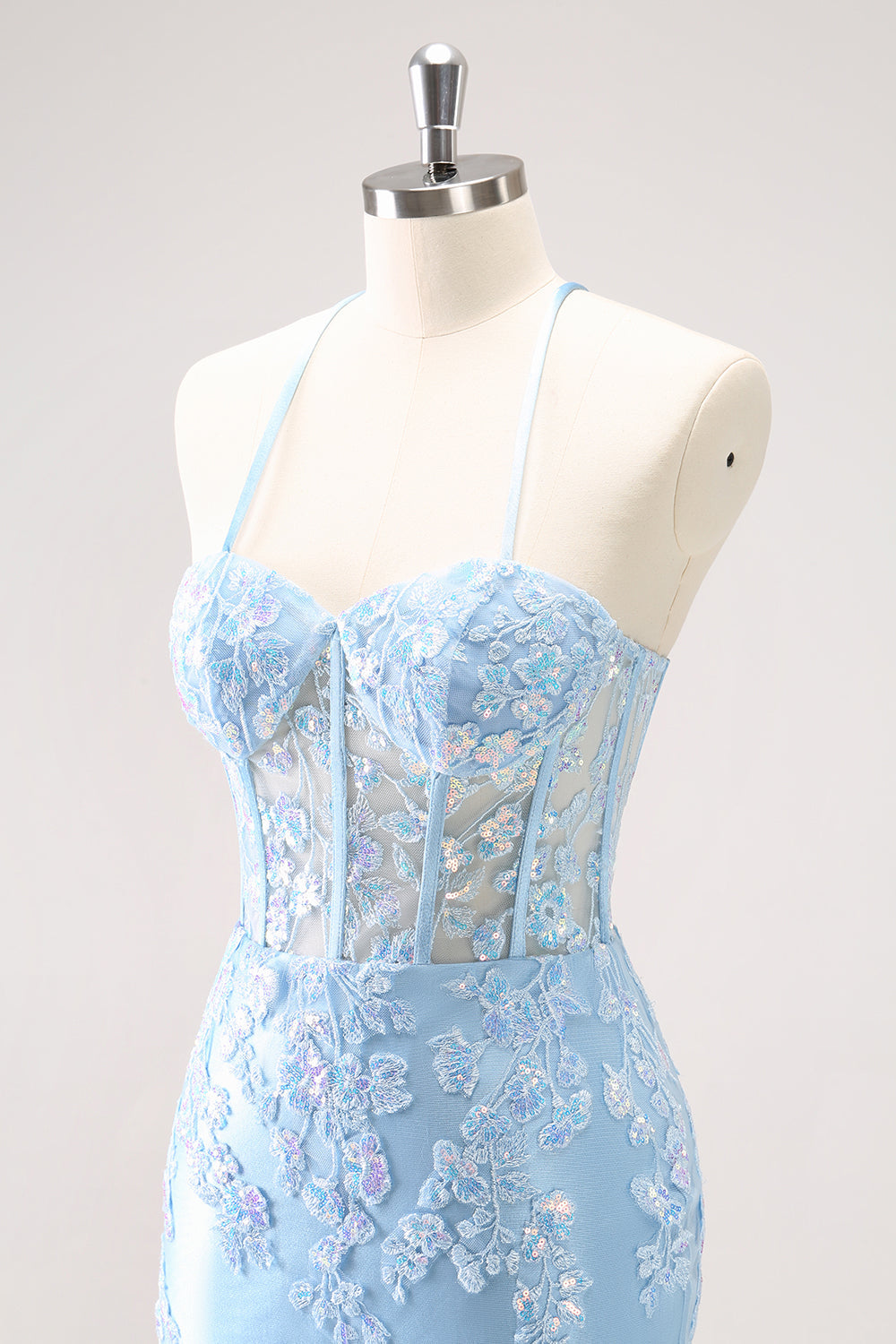 SEQUIN BLUE SPAGHETTI STRAP CORSET HOMECOMING DRESS
