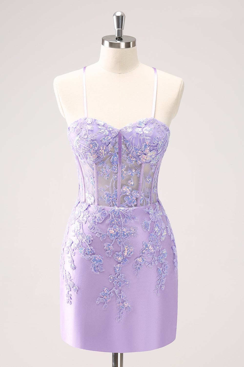 SEQUIN BLUE SPAGHETTI STRAP CORSET HOMECOMING DRESS