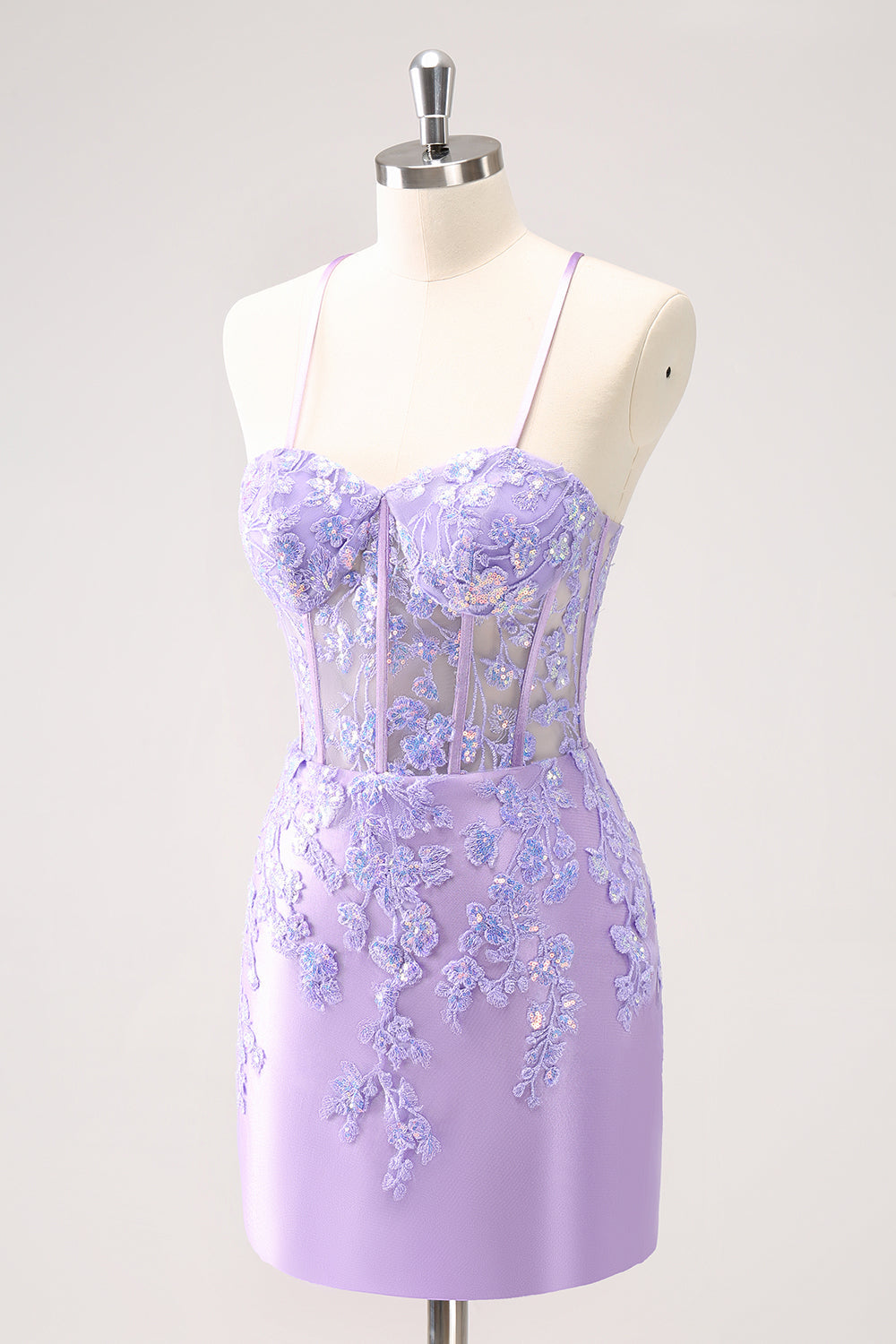 SEQUIN BLUE SPAGHETTI STRAP CORSET HOMECOMING DRESS