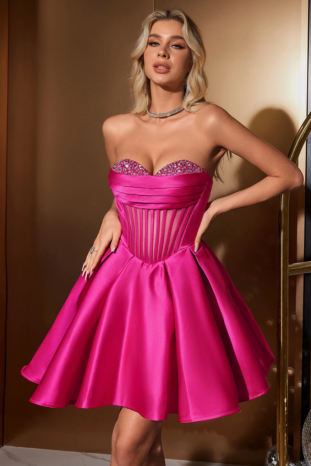 FUCHSIA A-LINE CORSET HOMECOMING DRESS WITH BEADING