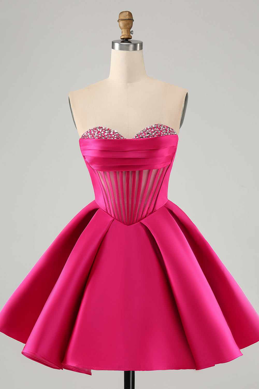 FUCHSIA A-LINE CORSET HOMECOMING DRESS WITH BEADING