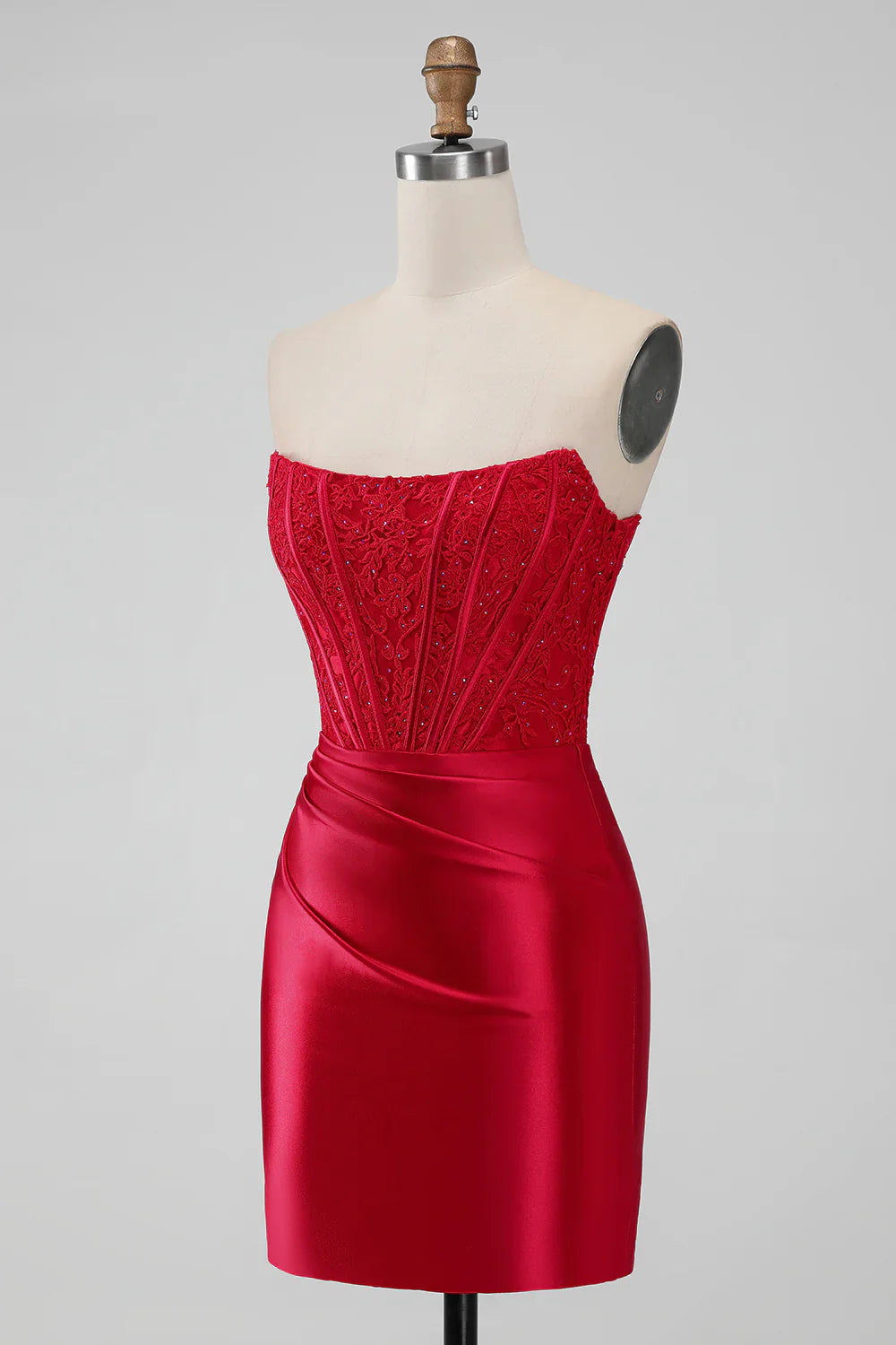 RED STRAPLESS LACE BODYCON HOMECOMING DRESS