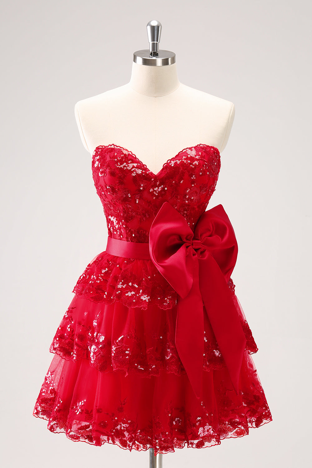 RED SEQUIN STRAPLESS A-LINE HOMECOMING DRESS WITH BOW