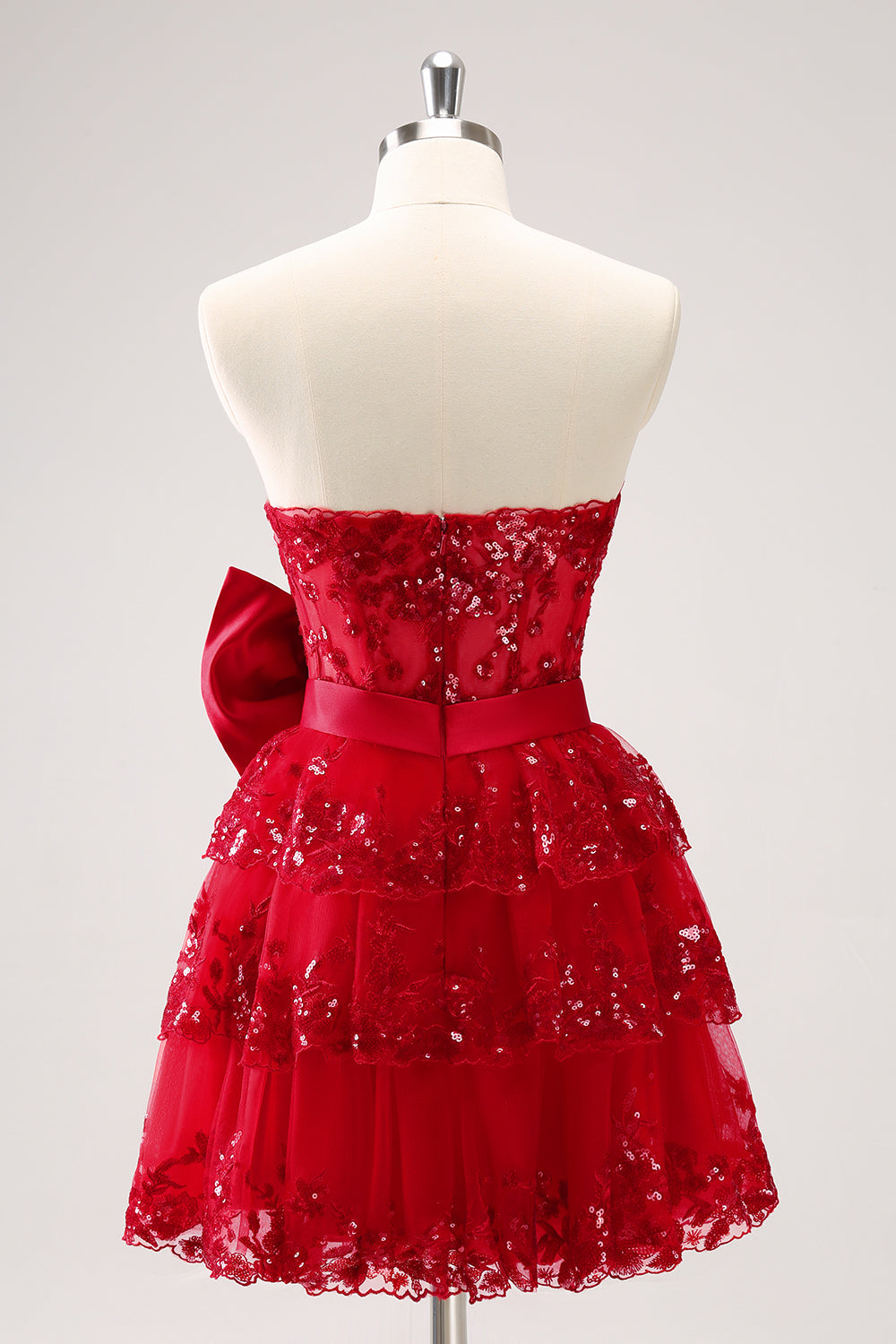 RED SEQUIN STRAPLESS A-LINE HOMECOMING DRESS WITH BOW