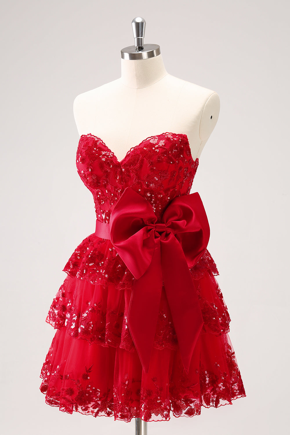 RED SEQUIN STRAPLESS A-LINE HOMECOMING DRESS WITH BOW