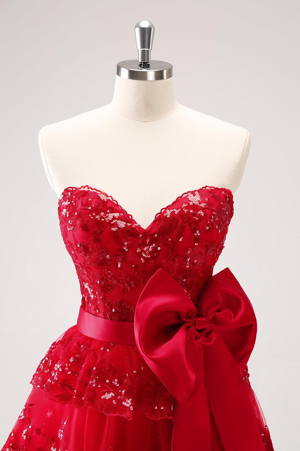 RED SEQUIN STRAPLESS A-LINE HOMECOMING DRESS WITH BOW