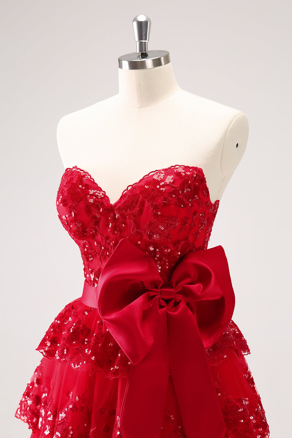 RED SEQUIN STRAPLESS A-LINE HOMECOMING DRESS WITH BOW