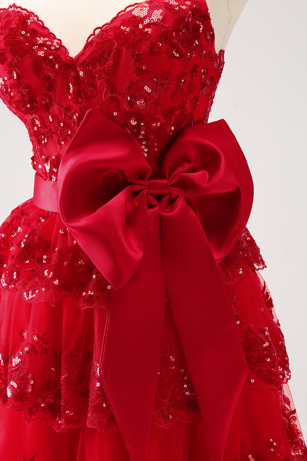 RED SEQUIN STRAPLESS A-LINE HOMECOMING DRESS WITH BOW