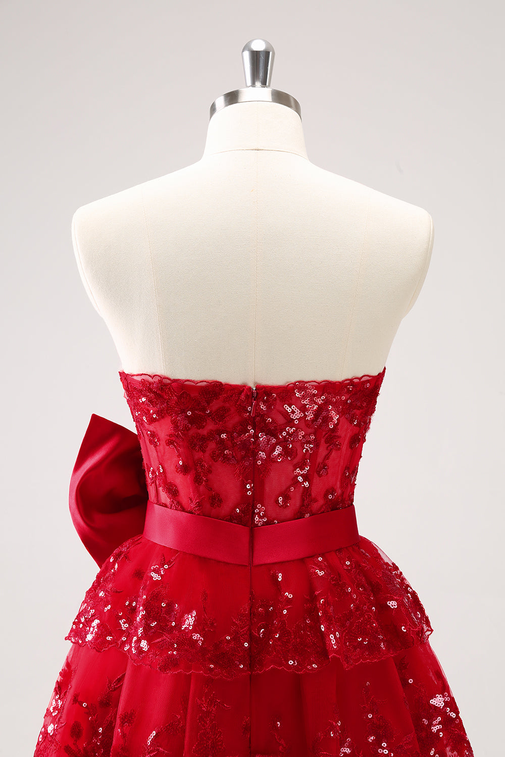 RED SEQUIN STRAPLESS A-LINE HOMECOMING DRESS WITH BOW