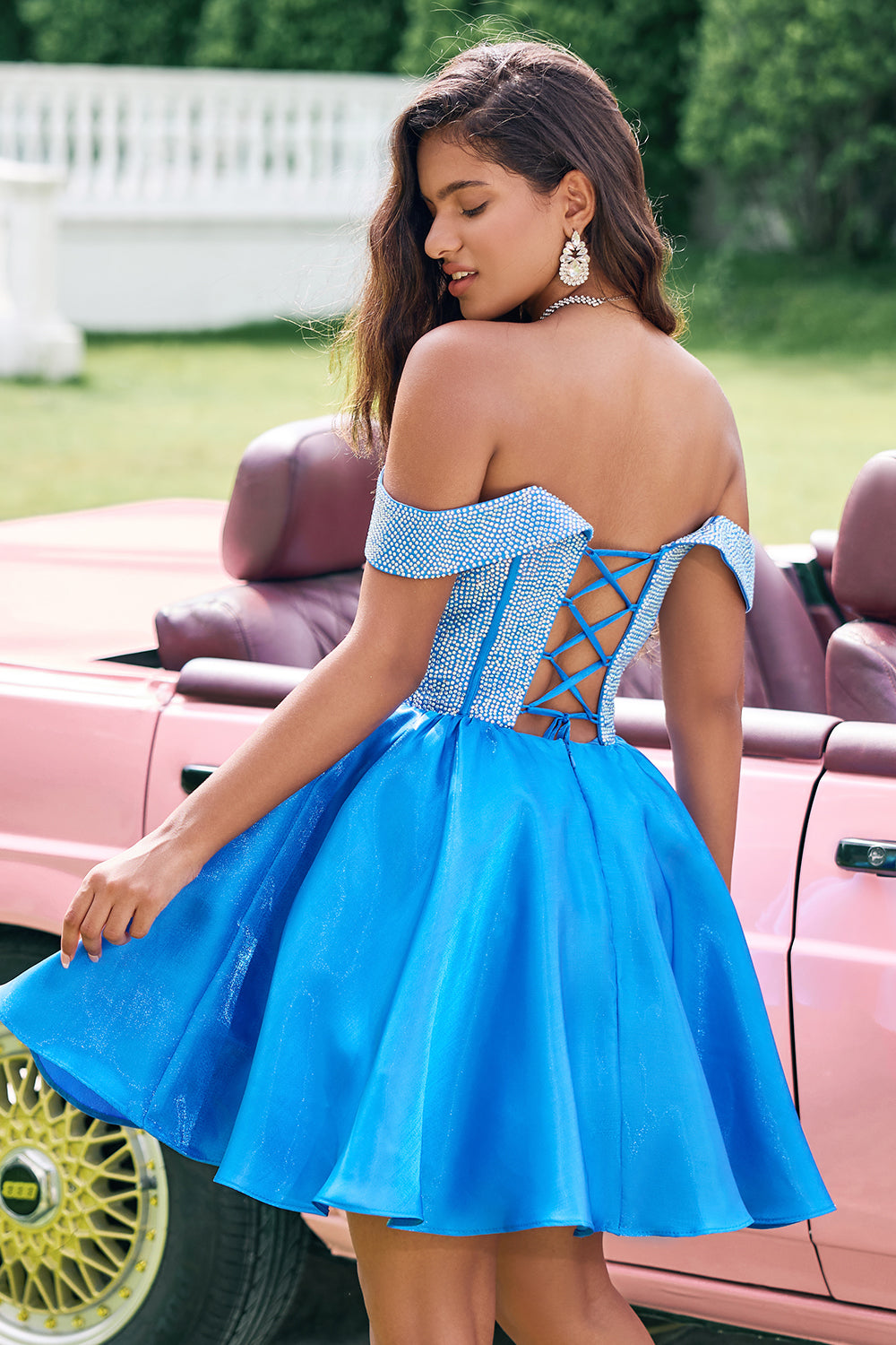 A-LINE OFF-SHOULDER BLUE BEADED HOMECOMING DRESS
