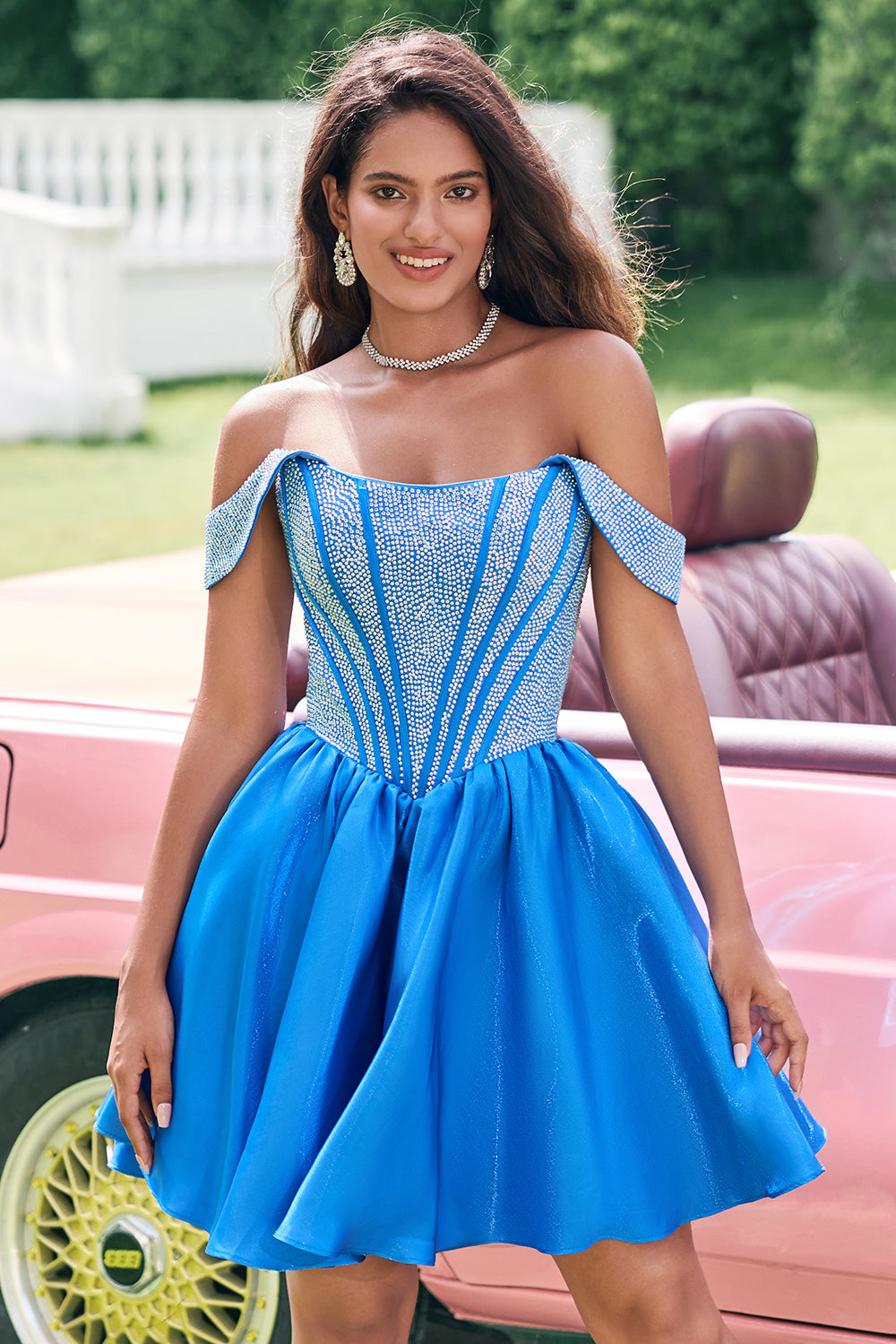 A-LINE OFF-SHOULDER BLUE BEADED HOMECOMING DRESS