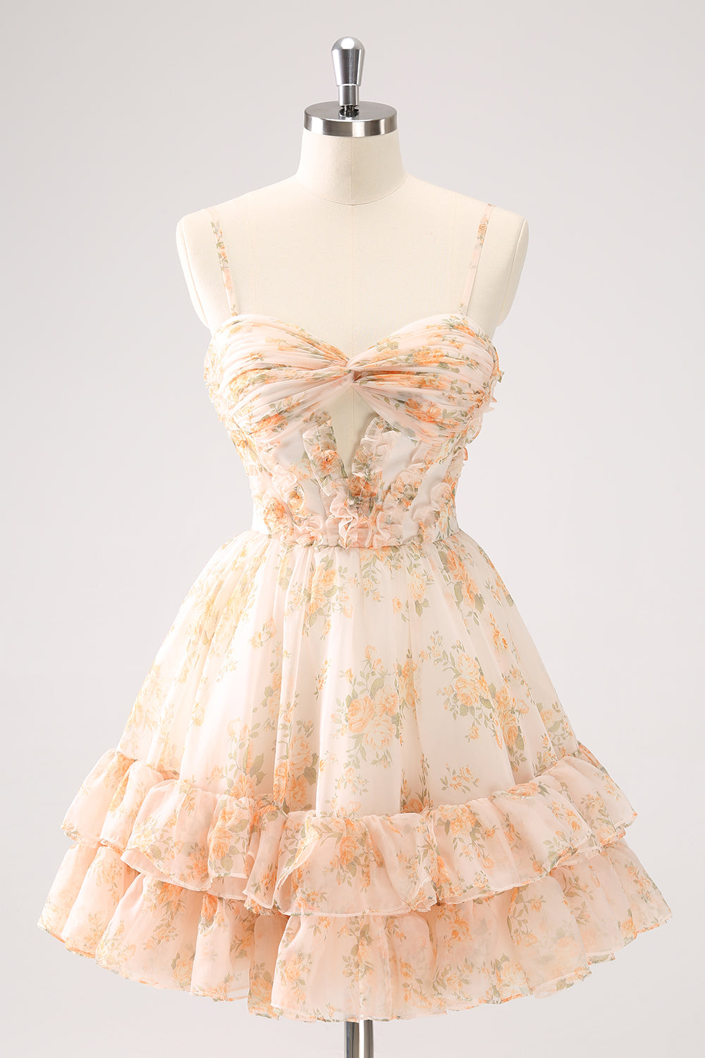YELLOW FLORAL SPAGHETTI STRAP A-LINE HOMECOMING DRESS