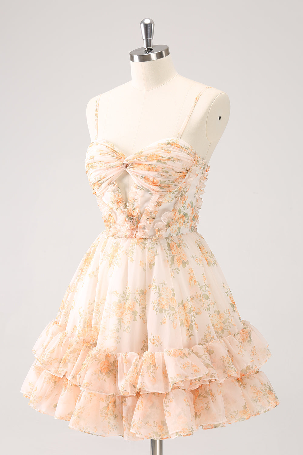 YELLOW FLORAL SPAGHETTI STRAP A-LINE HOMECOMING DRESS