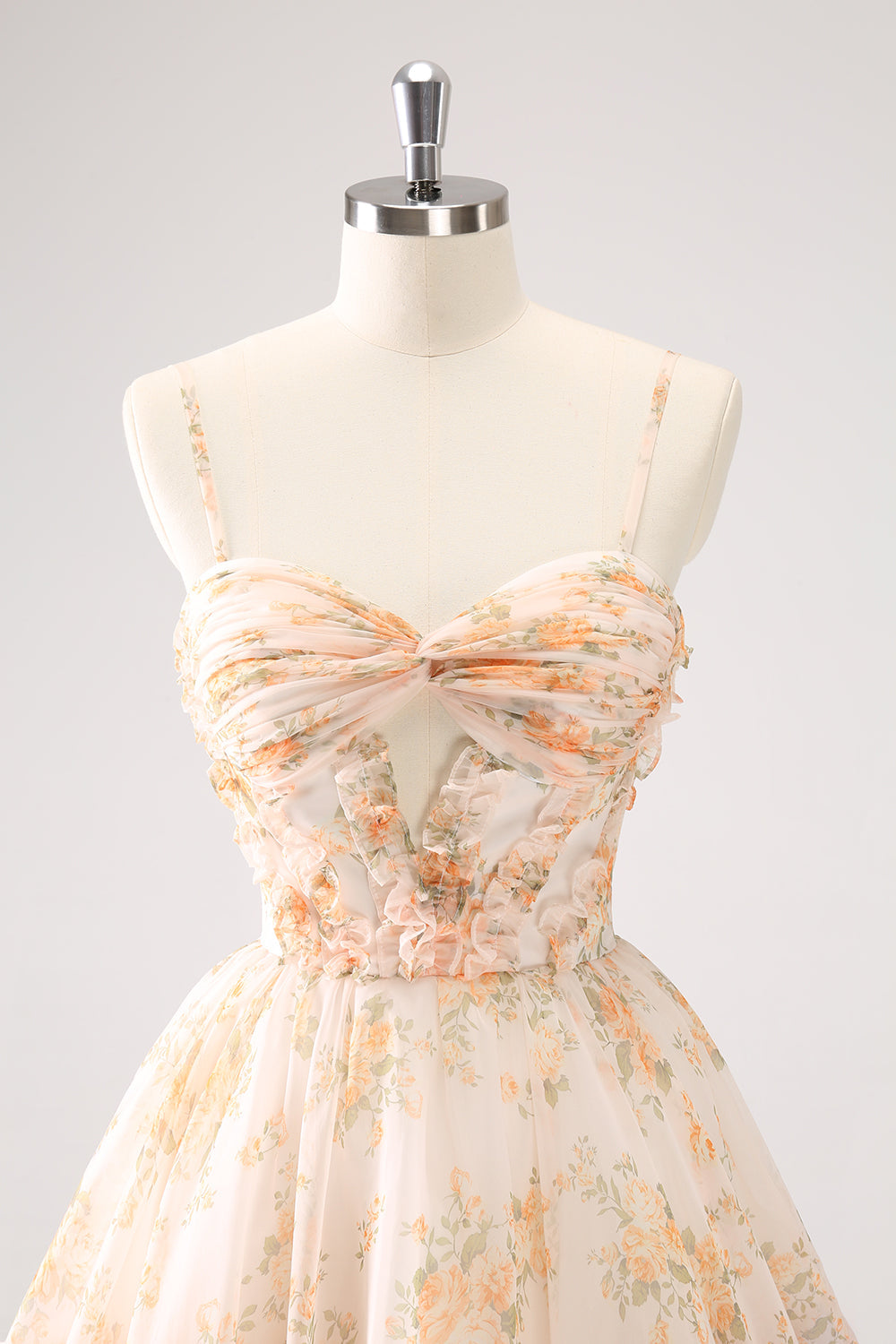 YELLOW FLORAL SPAGHETTI STRAP A-LINE HOMECOMING DRESS