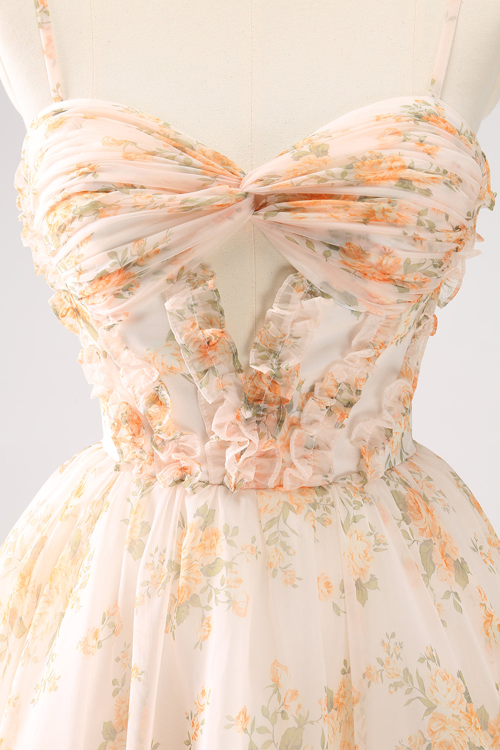 YELLOW FLORAL SPAGHETTI STRAP A-LINE HOMECOMING DRESS