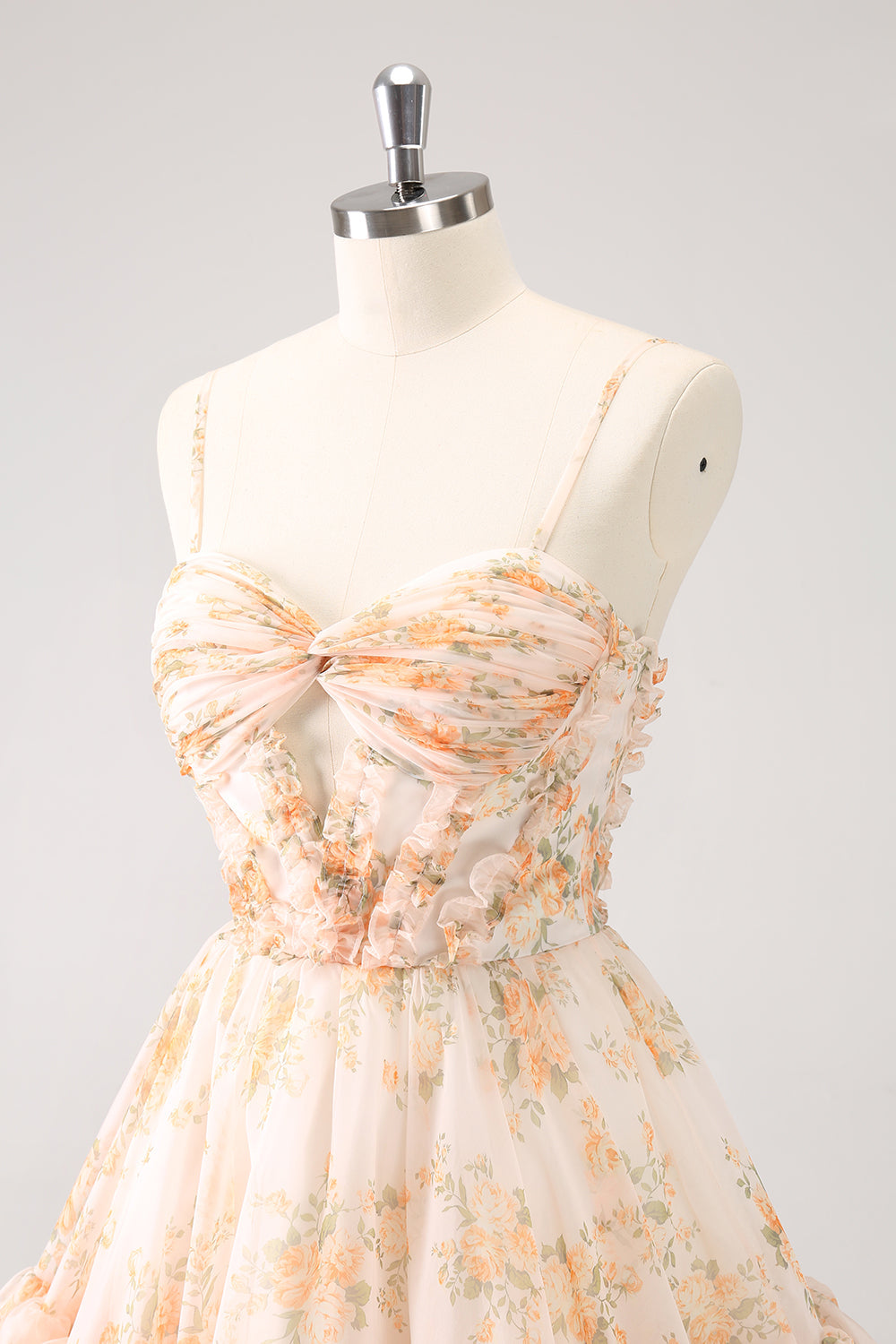 YELLOW FLORAL SPAGHETTI STRAP A-LINE HOMECOMING DRESS