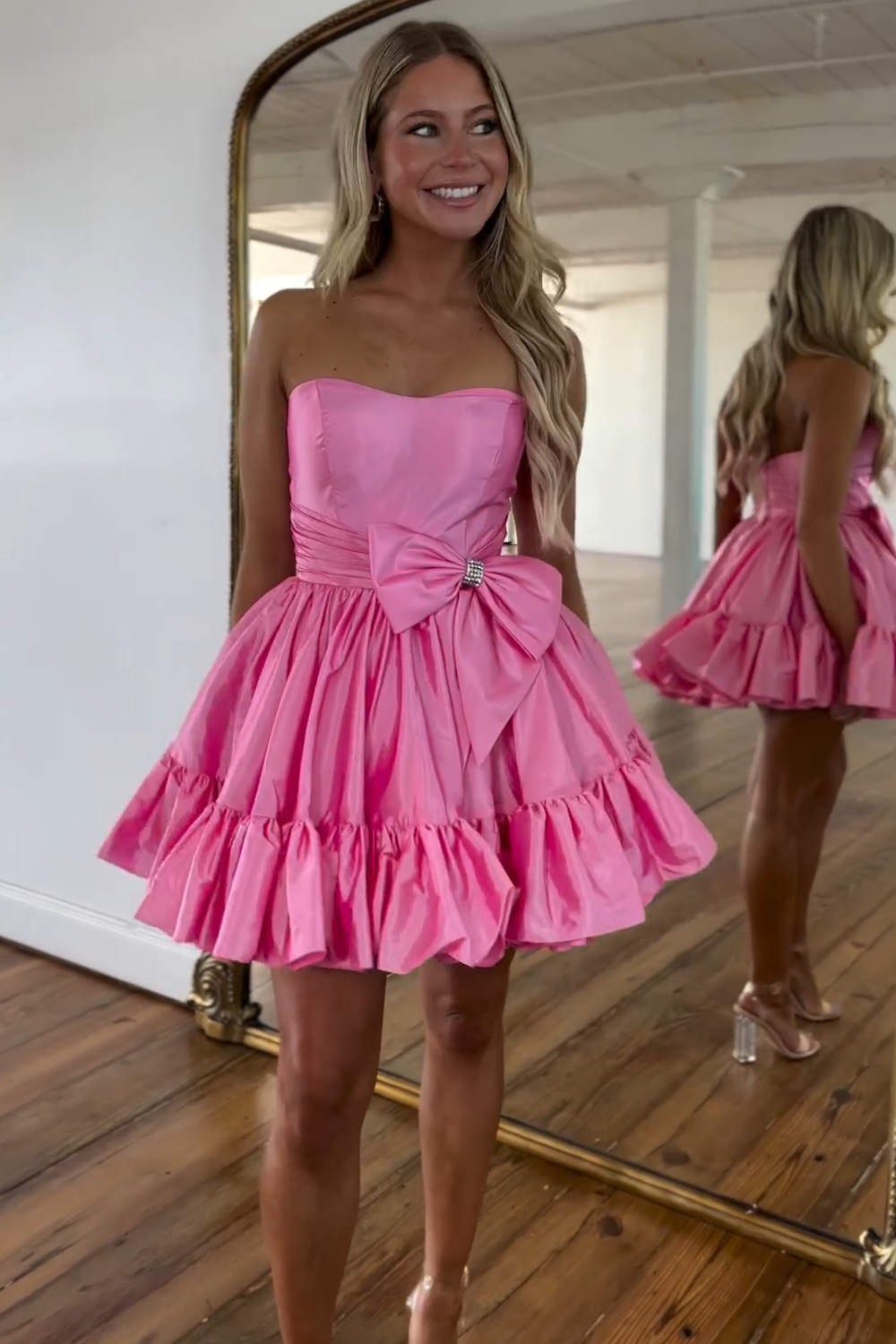 A-LINE FUCHSIA STRAPLESS RUFFLE HOME DRESS