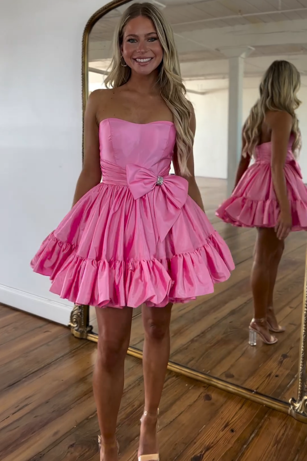 A-LINE FUCHSIA STRAPLESS RUFFLE HOME DRESS