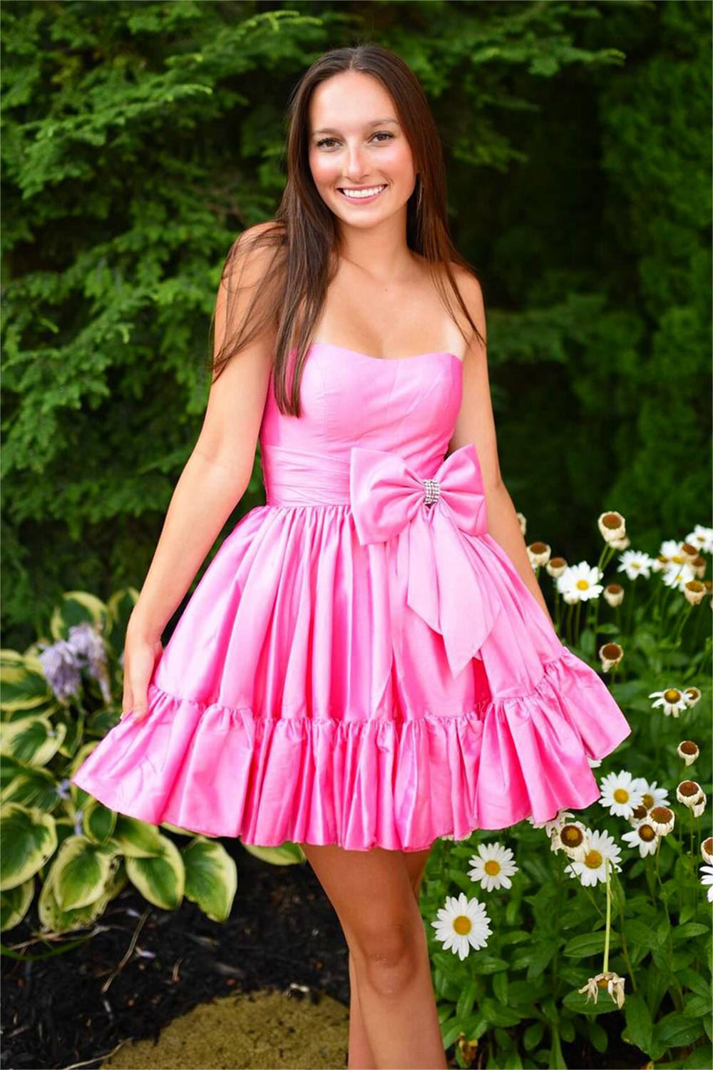 FUCHSIA A-LINE STRAPLESS RUFFLE SHORT HOMECOMING DRESS