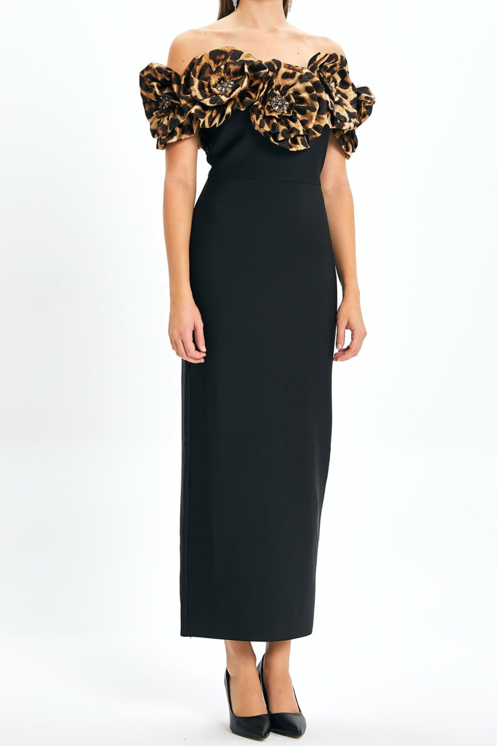 3D LEOPARD FLOWER BANDAGE MAXI DRESS, BLACK
